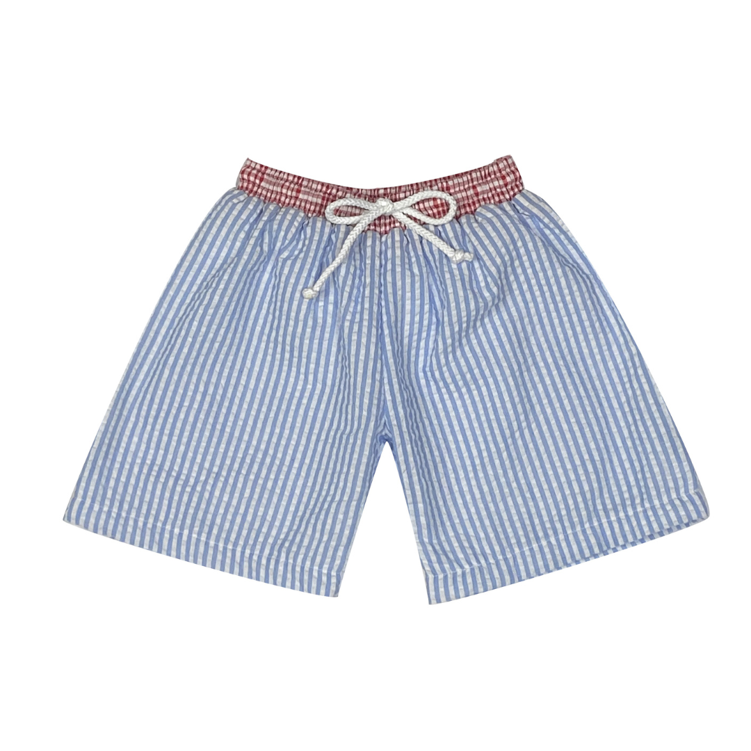 Blue and white striped shorts with a red and white checkered waistband on a white background