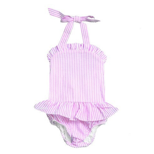 Pink and white striped swimsuit with ruffled design on a white background