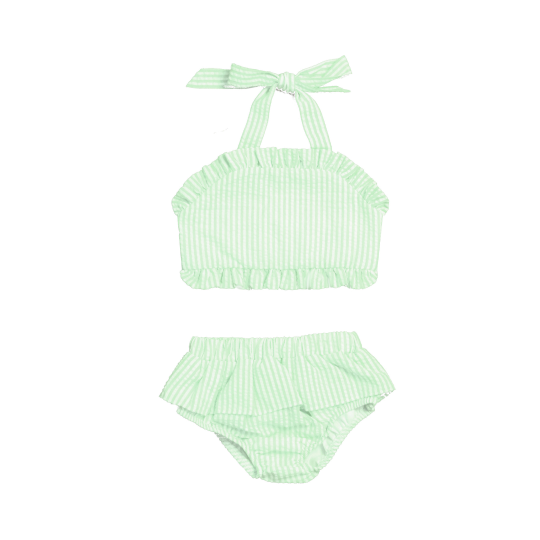 Green striped bikini set on a white background