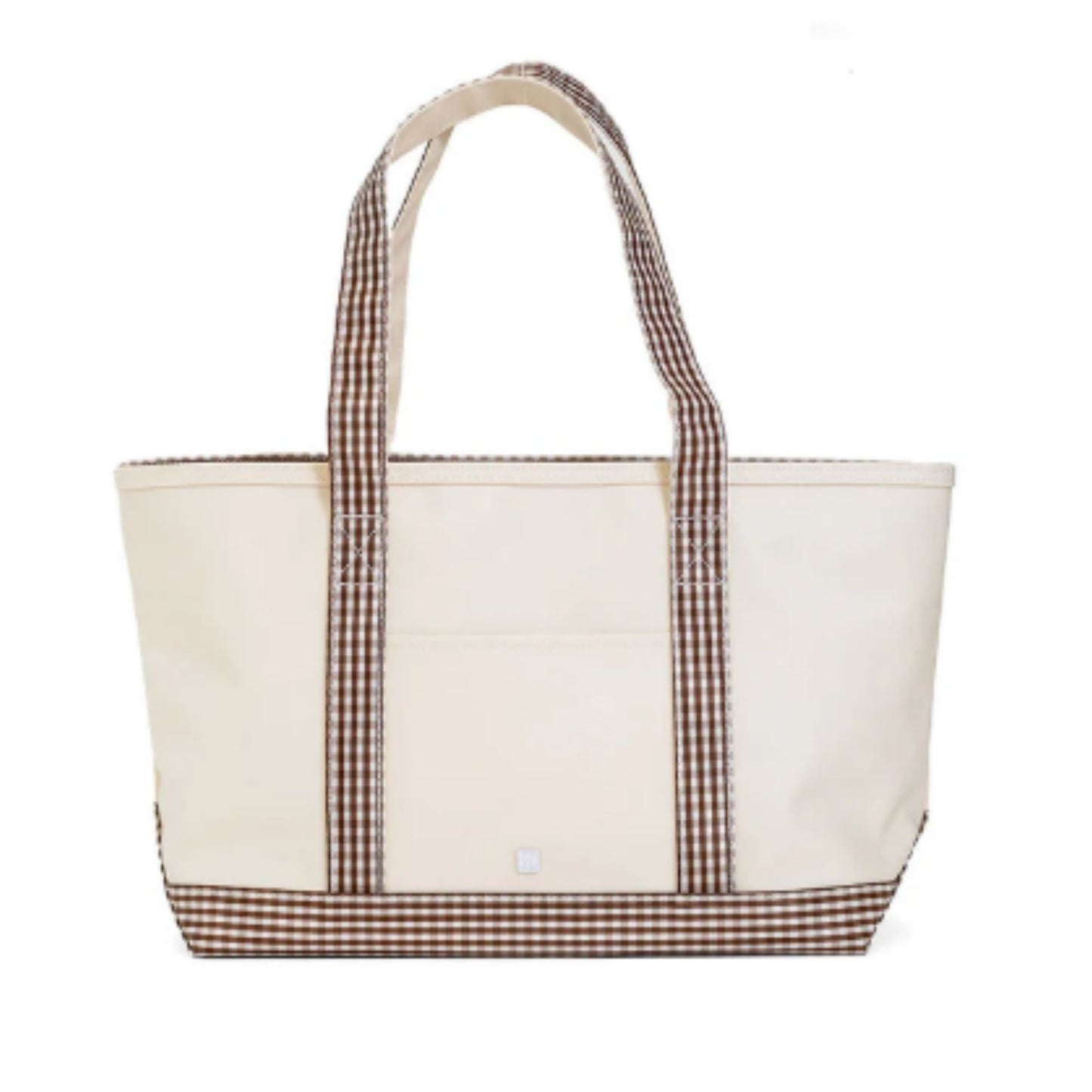 Beige tote bag with brown gingham pattern on a white background