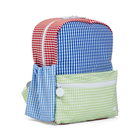 Backpack with red, blue, and green checkered pattern on a white background