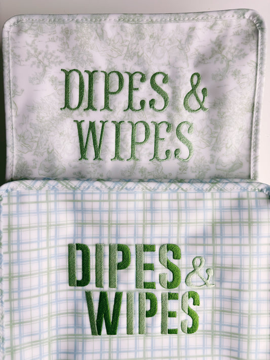 Two zipper pouches with wipes and wipes embroidered