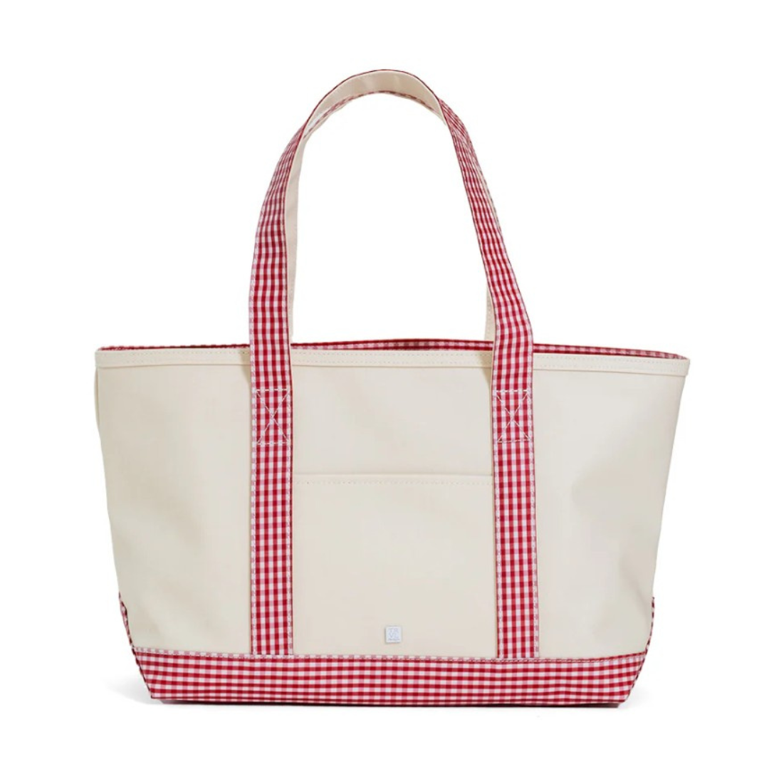 Tote bag with red and white checkered trim on a white background