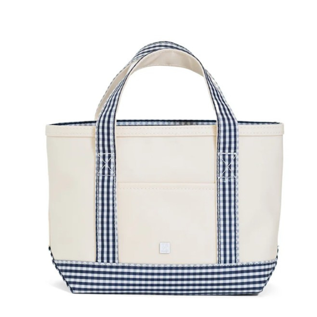 Tote bag with blue and white checkered pattern on a white background