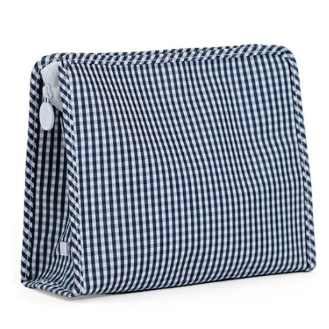 Blue and white checkered pouch with a zipper on a white background