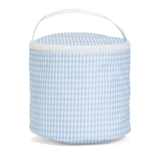 Round storage basket with blue and white checkered pattern on a white background