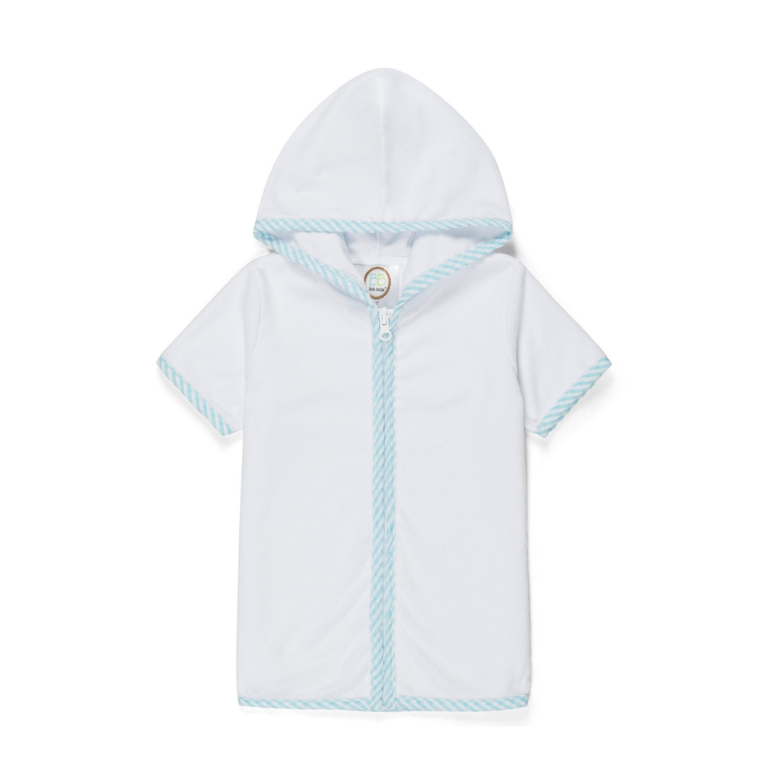 White hooded towel with light blue trim on a white background