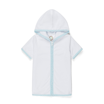 White hooded towel with light blue trim on a white background