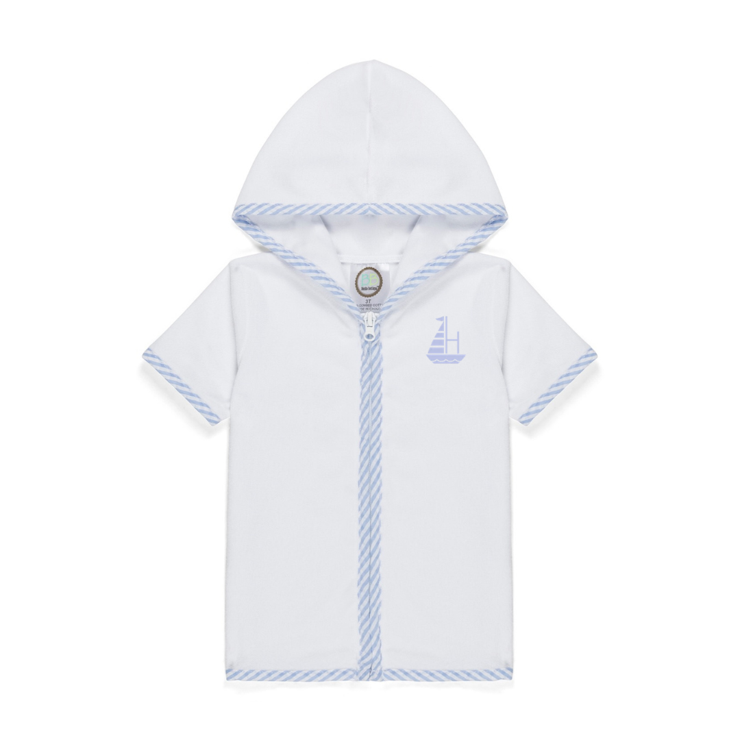 White baby outfit with blue accents on a white background