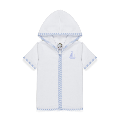White baby outfit with blue accents on a white background