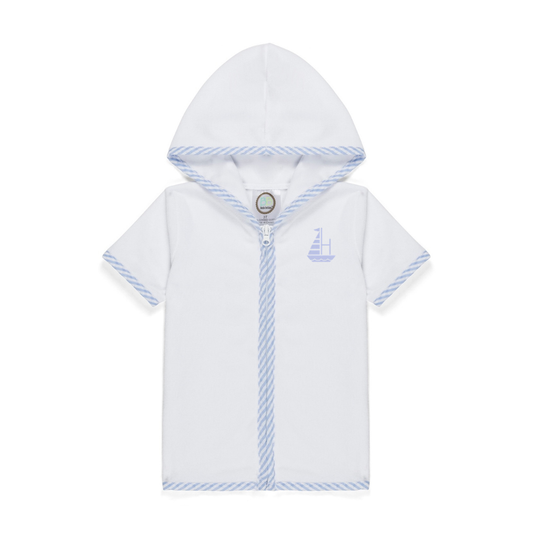White baby outfit with blue accents on a white background
