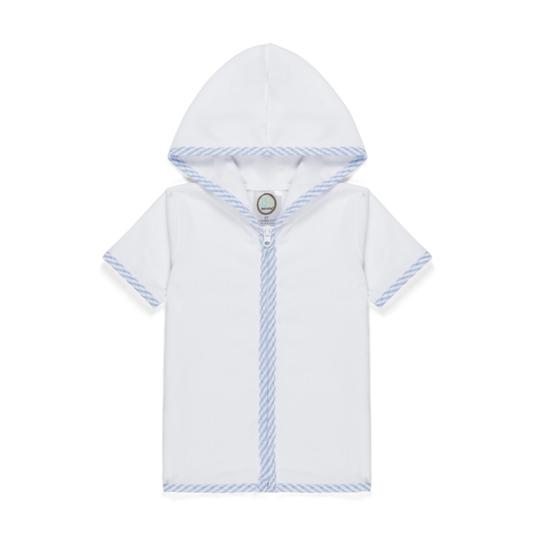 White baby hoodie with blue trim on a white background