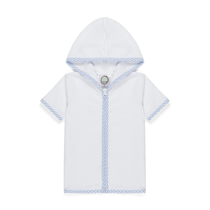 White baby hoodie with blue trim on a white background