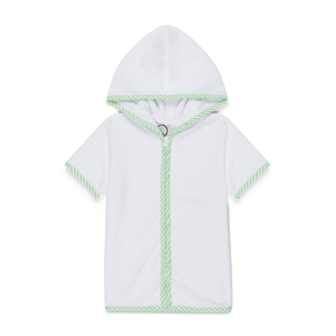 White baby poncho with green trim on a white background