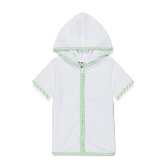 White baby poncho with green trim on a white background