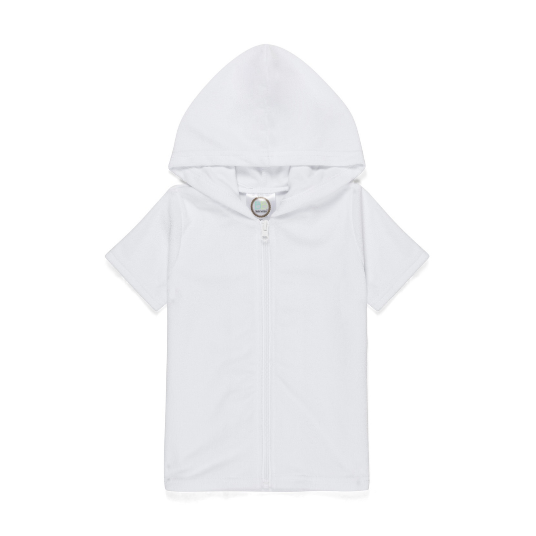 White hoodie with a button on a white background