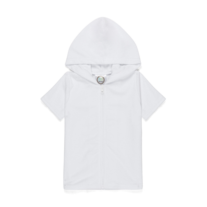 White hoodie with a button on a white background