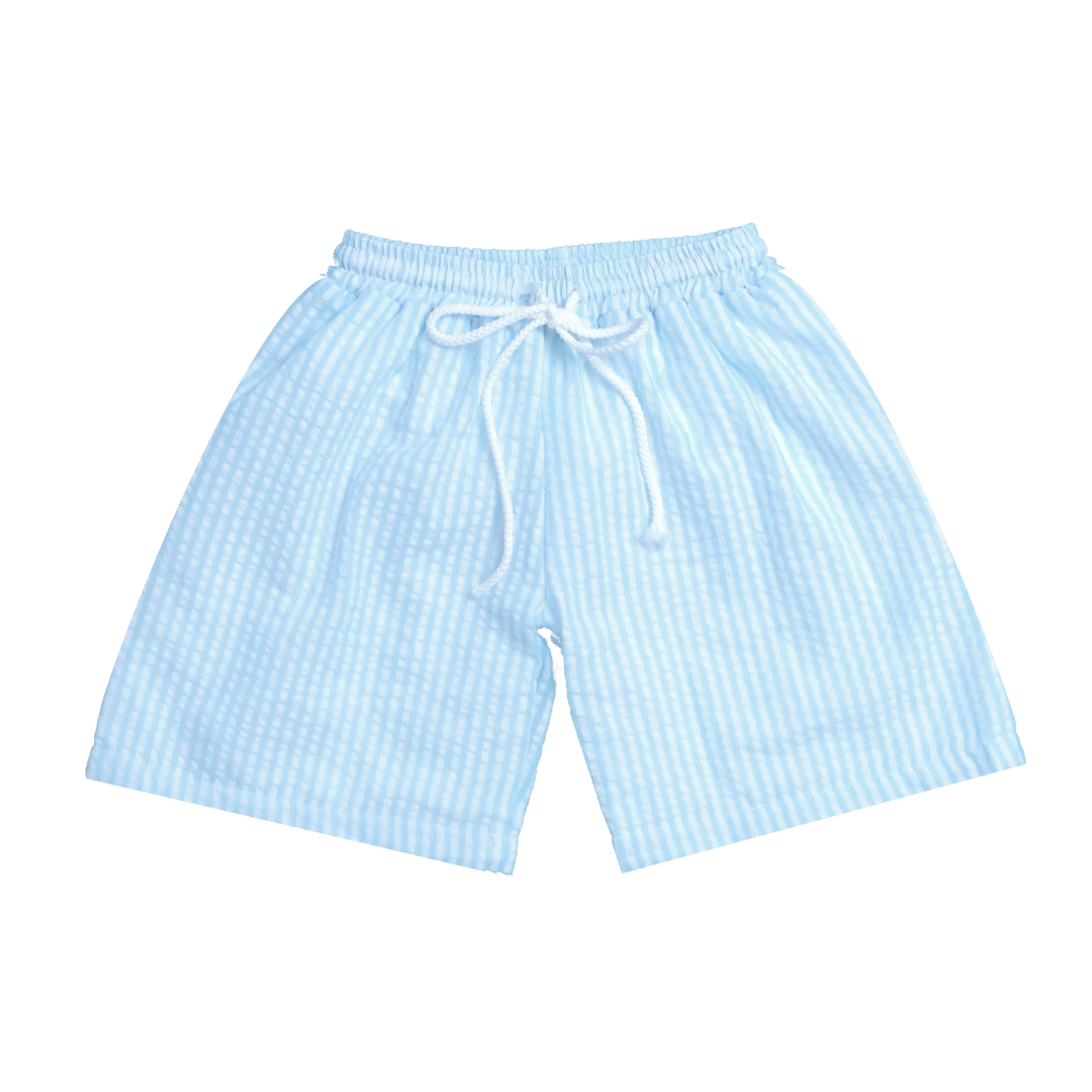 Light blue checkered shorts with a drawstring on a white background