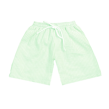Green and white striped shorts on a white background