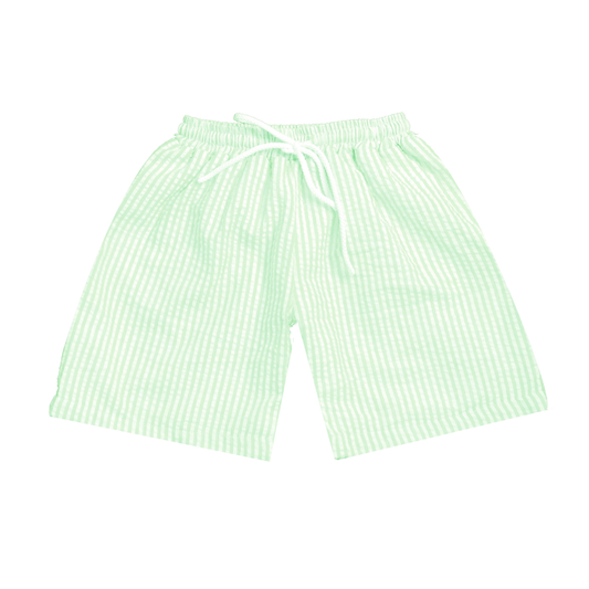 Green and white striped shorts on a white background