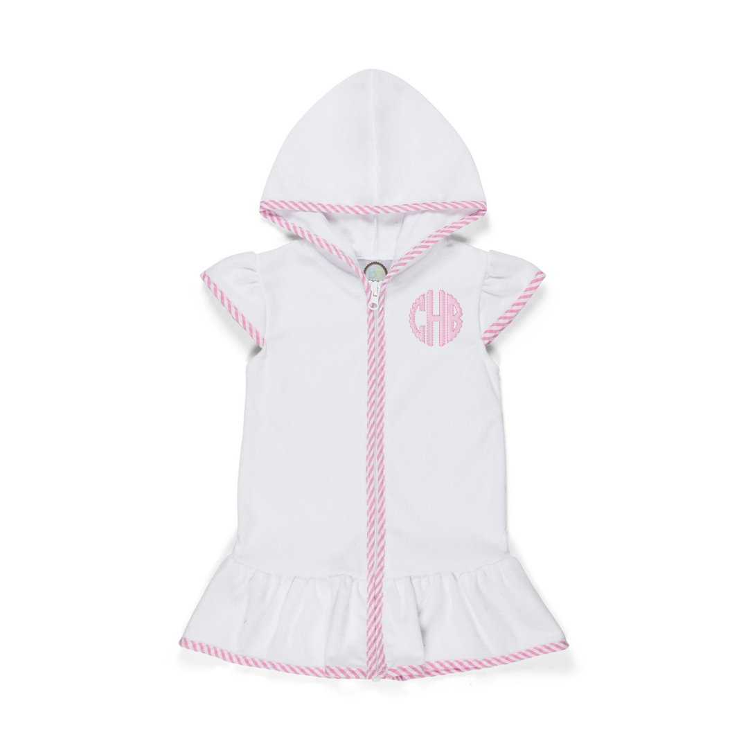 White hooded dress with pink trim on a white background