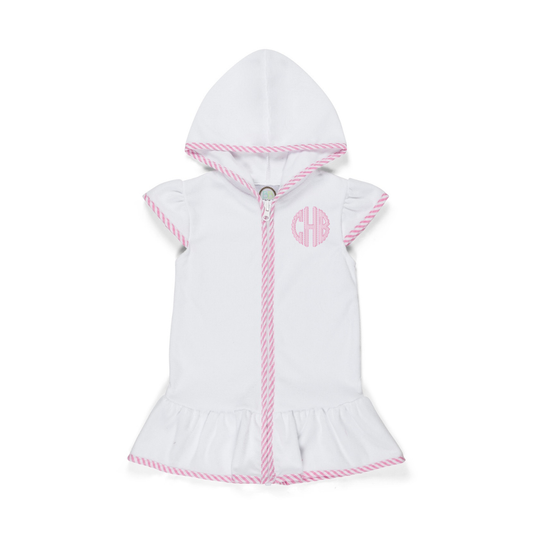 White hooded dress with pink trim on a white background