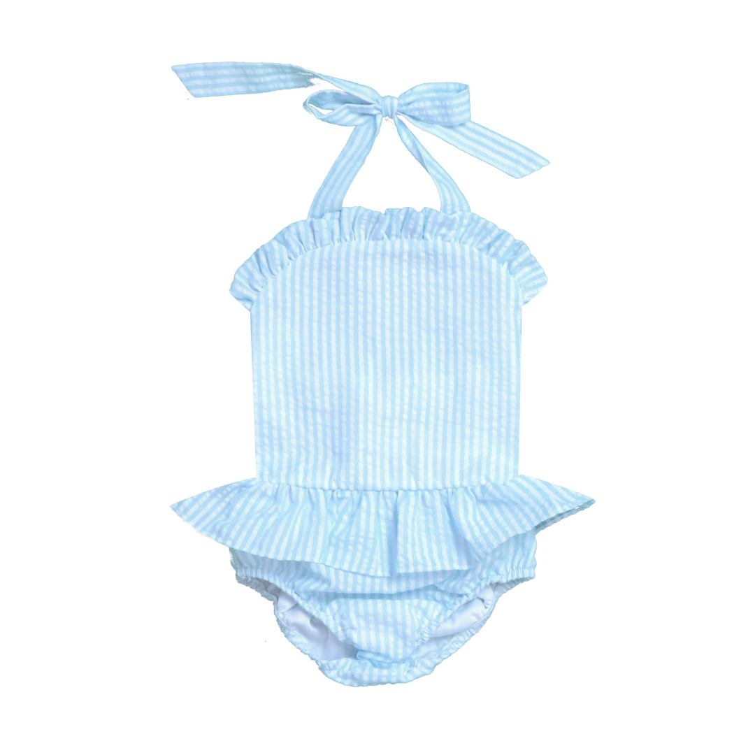 Blue striped baby swimsuit with ruffled design on a white background