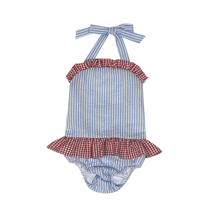 Blue and red checkered swimsuit with ruffles on a white background
