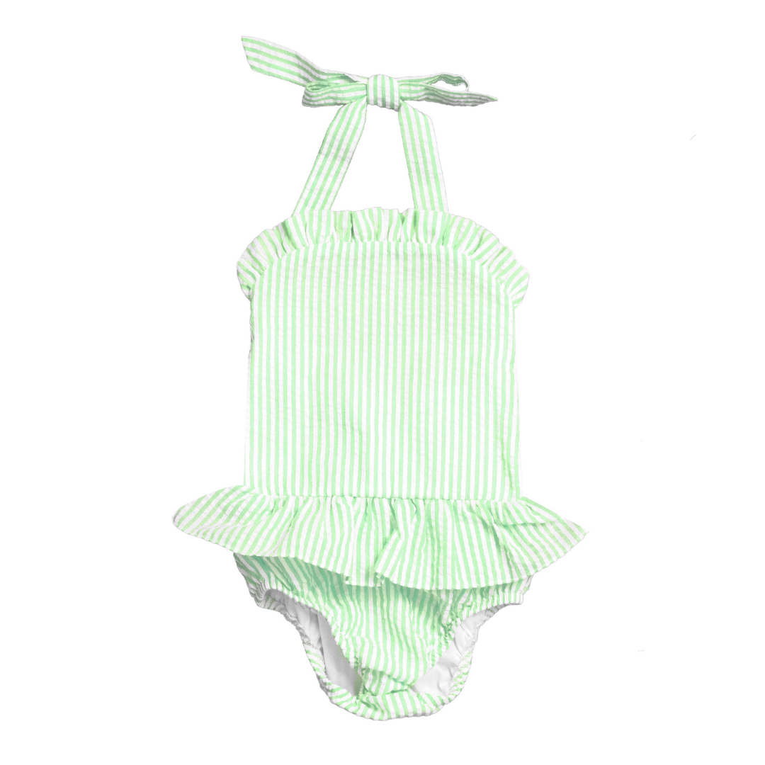 Green and white striped baby romper with ruffled details on a white background