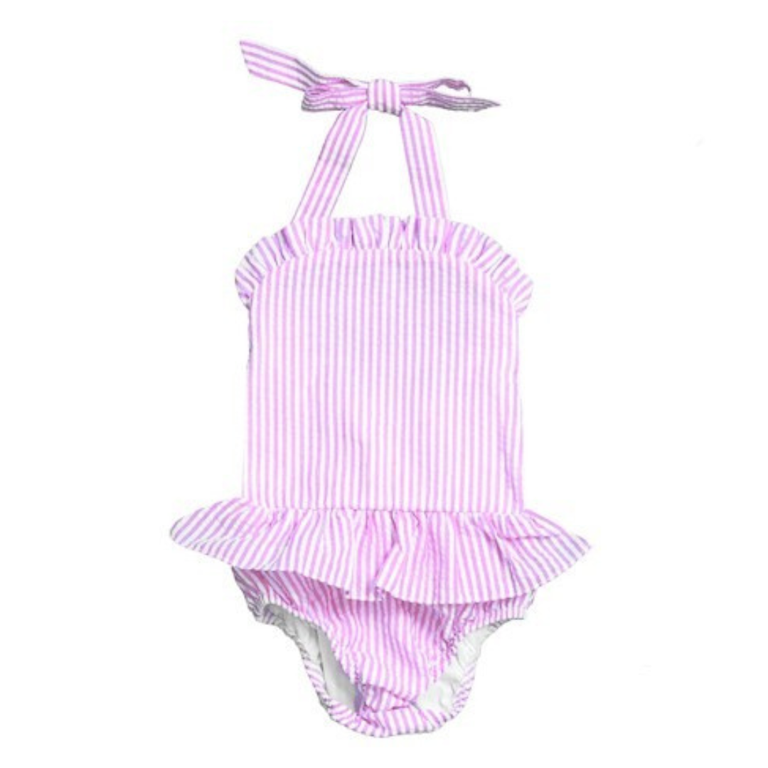 Pink and white striped swimsuit with ruffled design on a white background