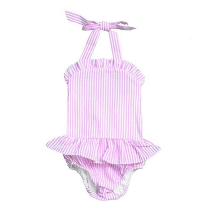 Pink and white striped swimsuit with ruffled design on a white background