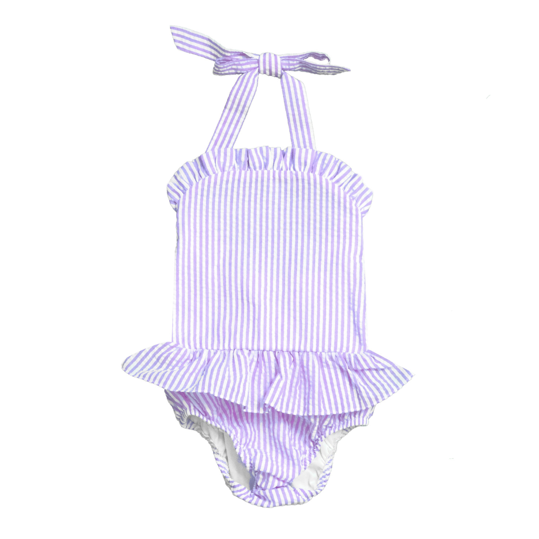 Purple and white striped swimsuit with ruffled details on a white background