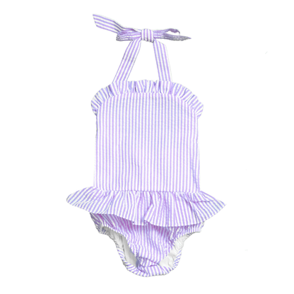 Purple and white striped swimsuit with ruffled details on a white background