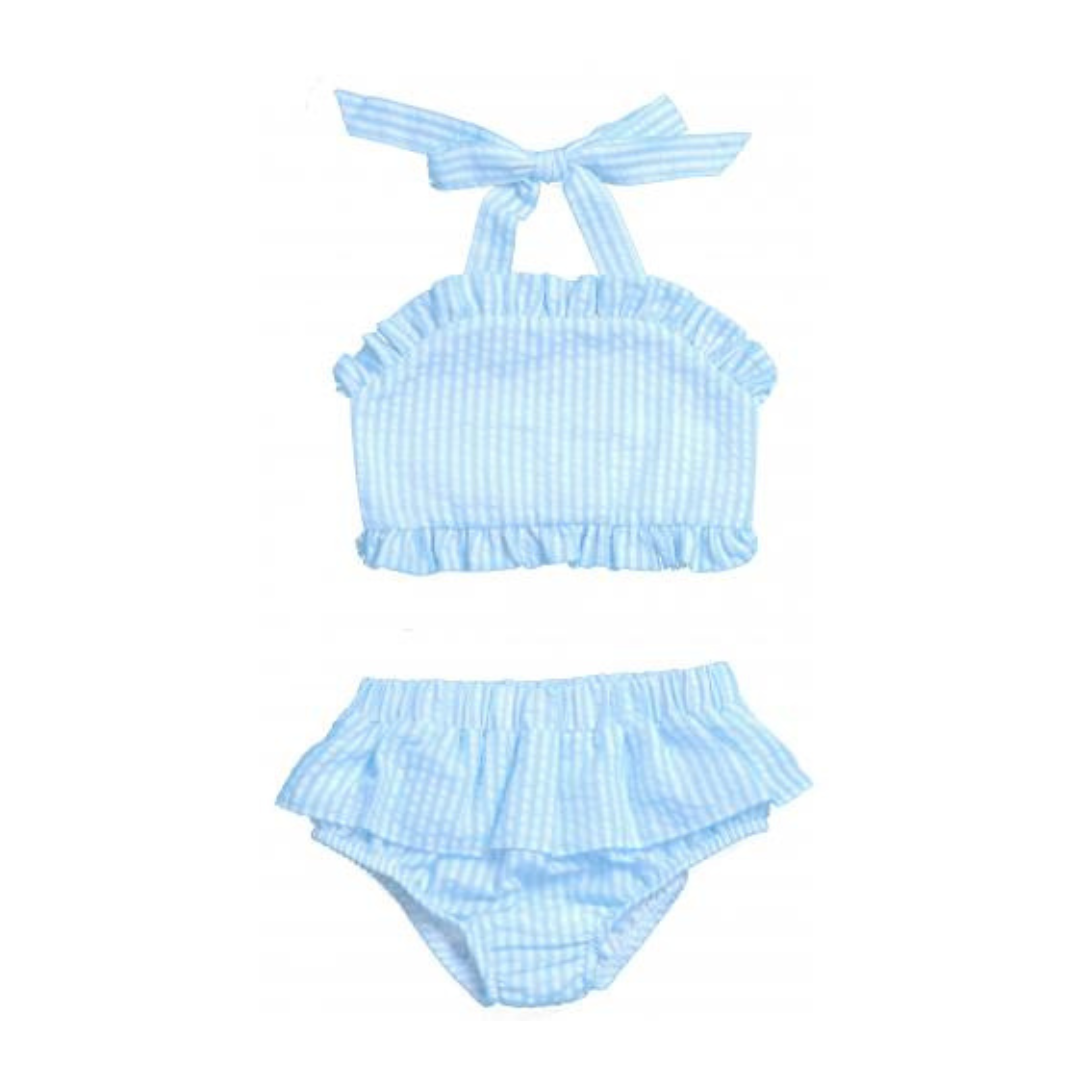 Blue striped bikini set on a white background