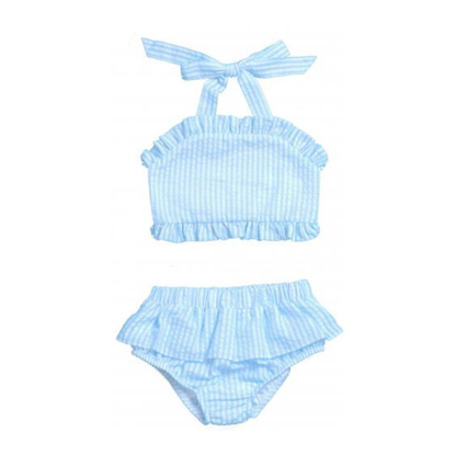 Blue striped bikini set on a white background