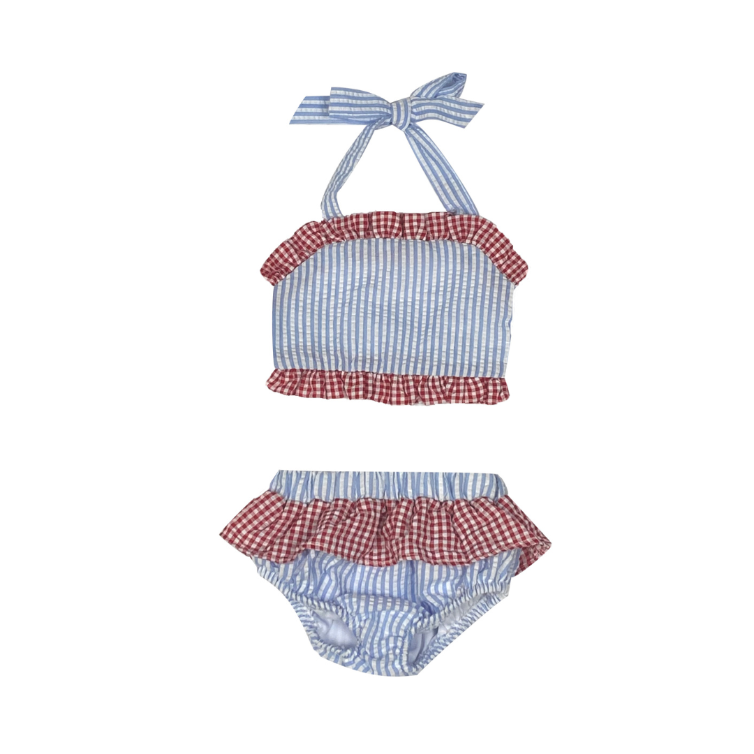 Two-piece swimsuit with blue and red checkered pattern on a white background