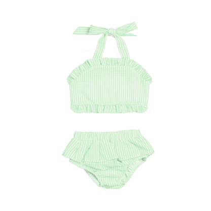 Green striped bikini set on a white background