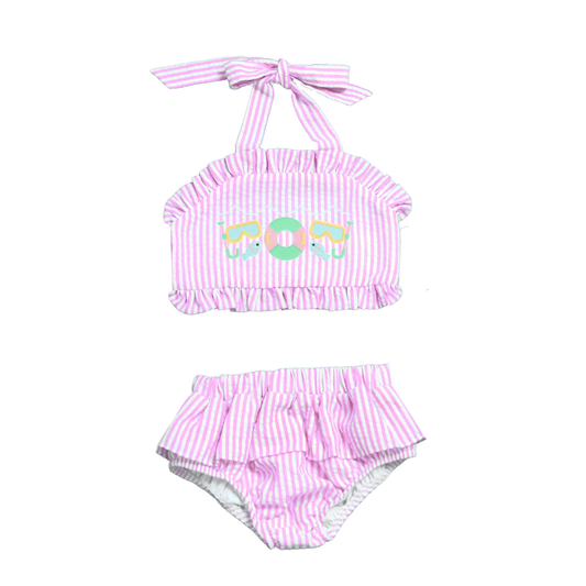 Pink and white striped bikini set with cartoon design on a white background