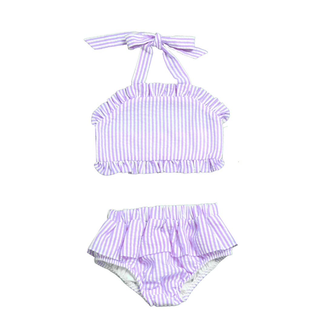 Purple and white striped bikini set on a white background