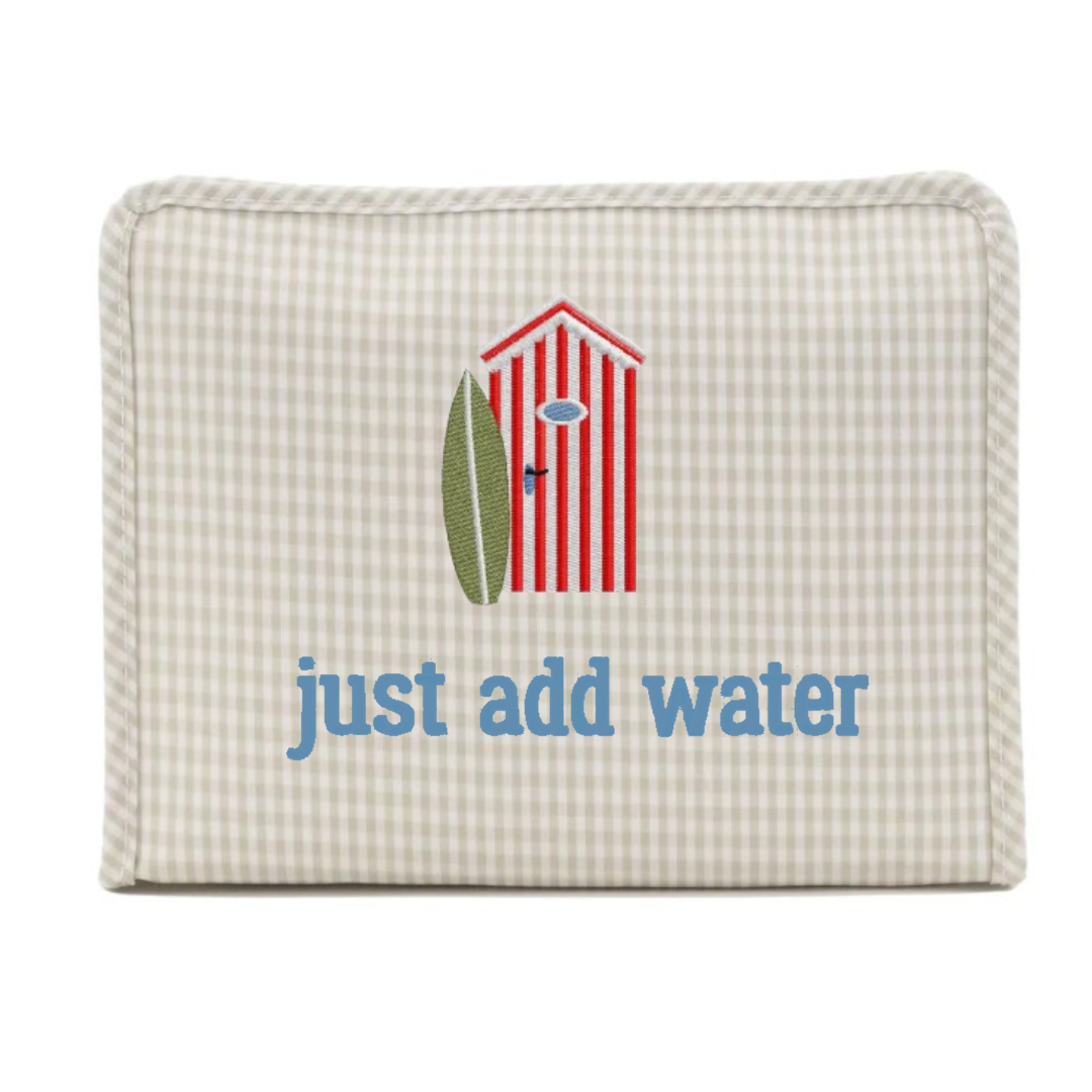 Rectangular pouch with beach-themed design and 'just add water' text on a white background