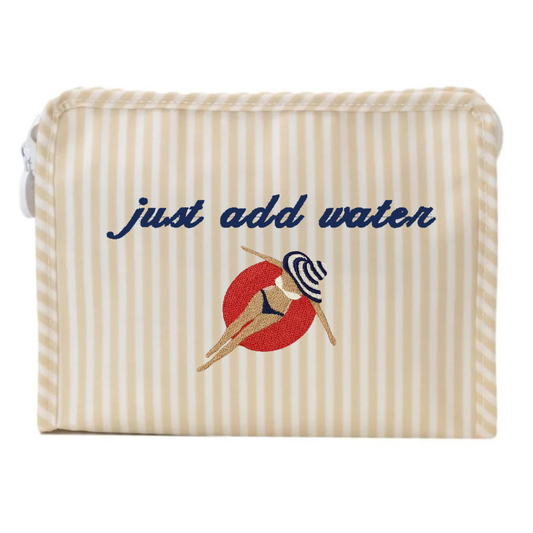Foldable seat with 'just add water' text and swimmer graphic on a white background