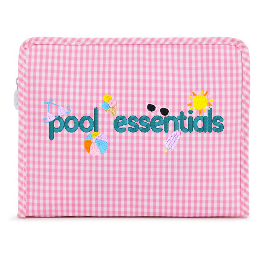 Pink gingham bag with 'pool essentials' text and pool-themed graphics on a white background