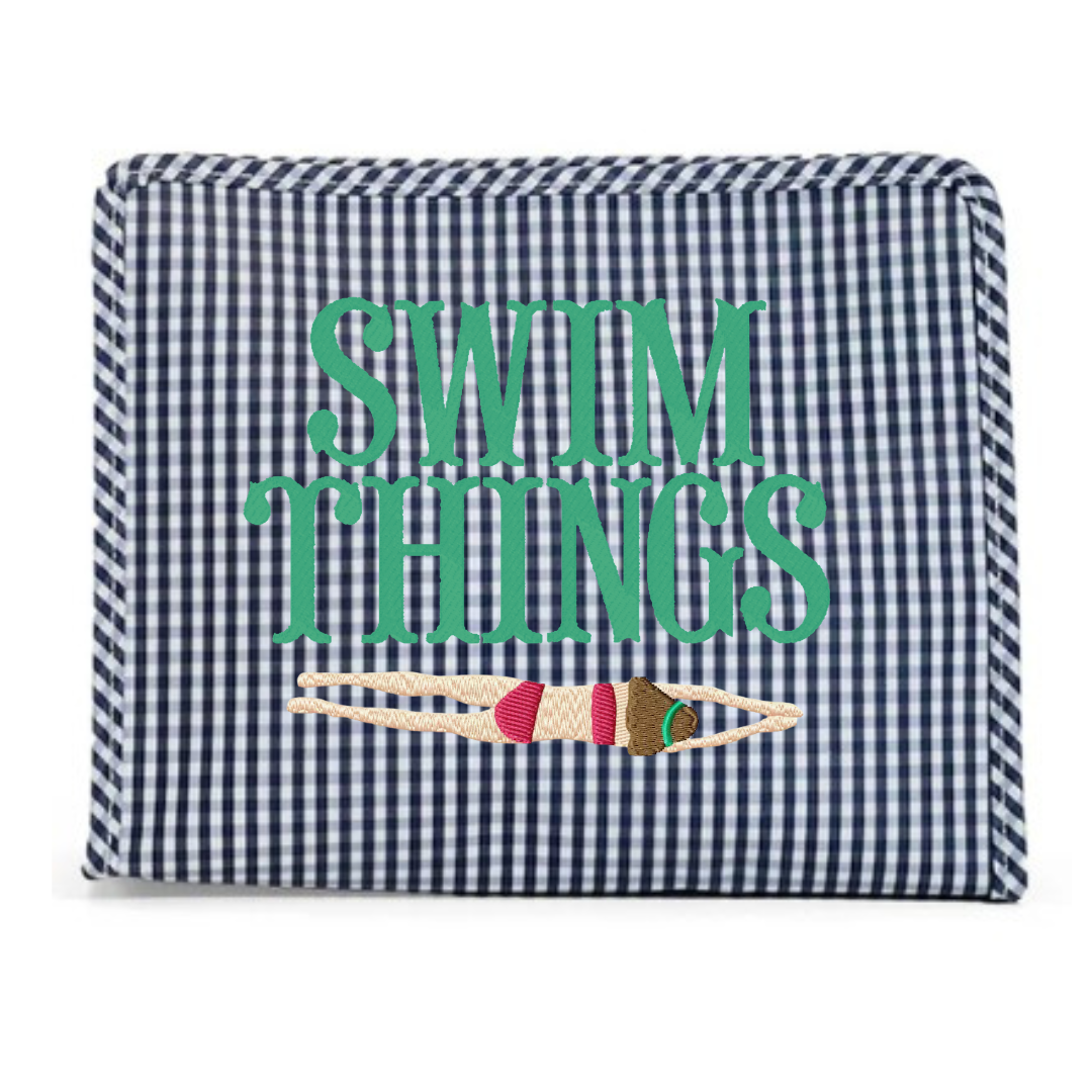 Blue and white checkered pouch with 'SWIM THINGS' text and swim ring design on a white background