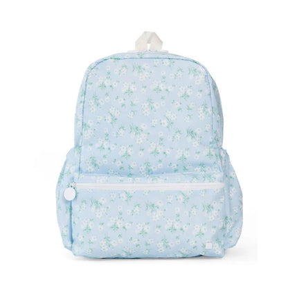 Light blue floral-patterned backpack on a white background