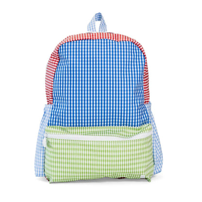 Backpack with blue, red, and green checkered pattern on a white background