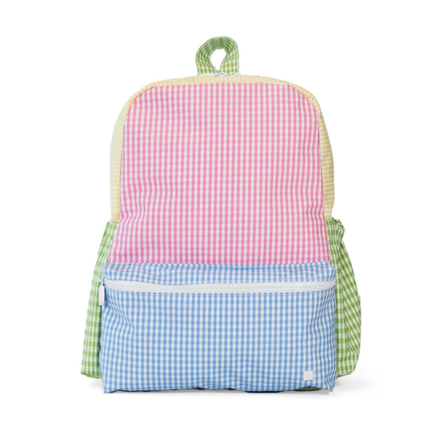 Backpack with pink, blue, and green checkered pattern on a white background