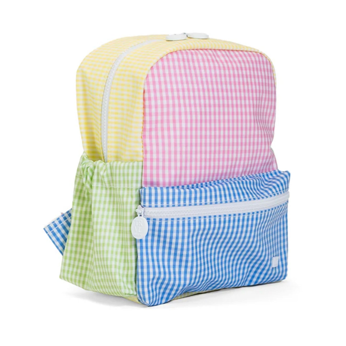 Colorful checkered backpack with yellow, pink, green, and blue sections on a white background