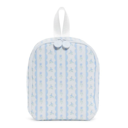 Small lunch bag with blue and gray pattern on a white background