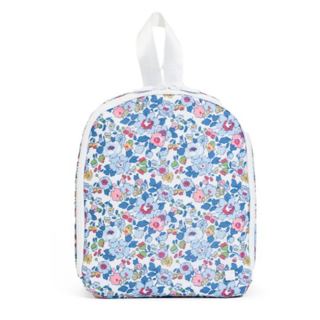 Floral-patterned lunch bag on a white background
