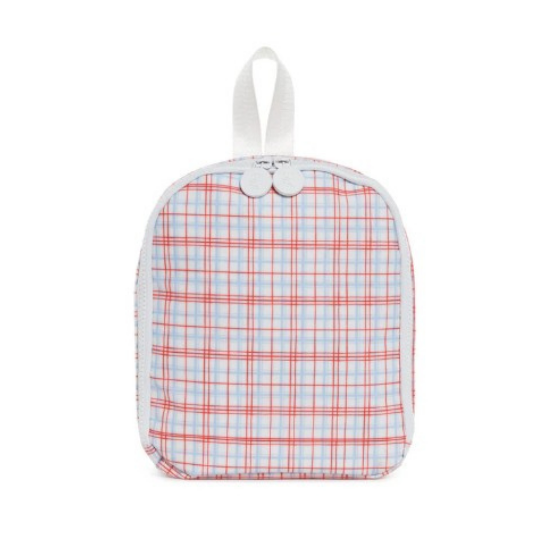 Plaid-patterned lunch bag with a white strap on a white background